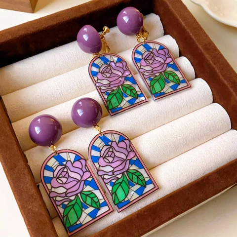 Orecchini Vintage Rosa Viola Stile Vetrata In Lega Con Perno In Argento Geometrici Per Donna