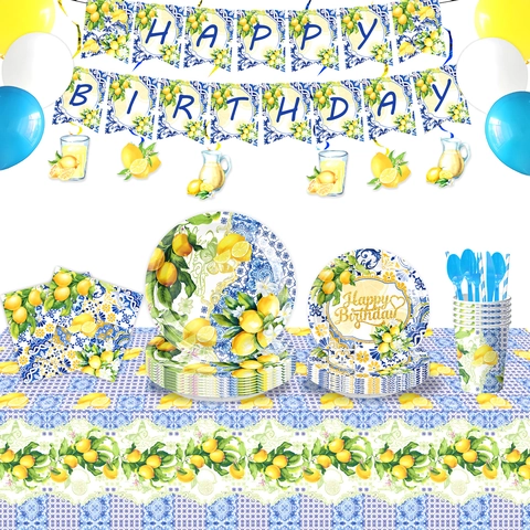 Limone Mediterraneo Piastrelle Blu Festa Usa E Getta Piatti Carta Tovaglioli Bicchieri Tovaglia Banner Palloncini Cake Topper Posate
