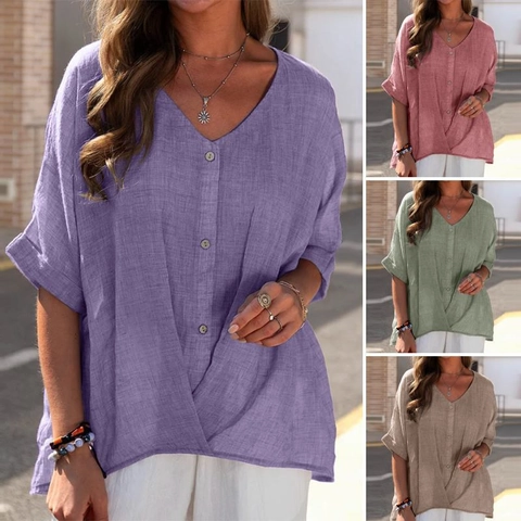 Women V Neck Short Sleeve Blouse Loose Casual Top Summer Polyester Shirt With Button Decoration Solid Color Soft Daily Outfits