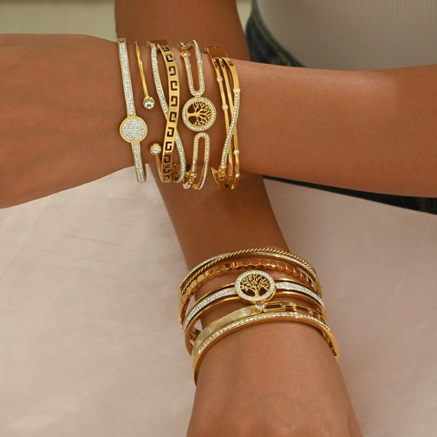 Stainless Steel Tree Of Life Hollow Meander Bangle For Women Inlaid Rhinestone Gold Silver Color Adjustable Cuff Bracelet
