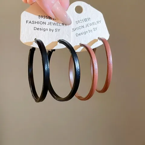 Retro Geometric Round Hoop Earrings Leather Wrapped Minimalist Design With 925 Sterling Silver Earring Post Women