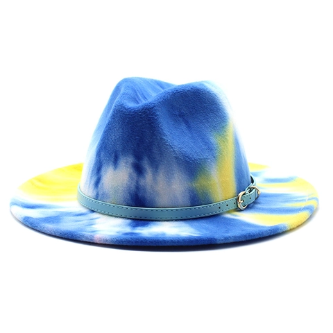 Tie Dye Regenboog Fedora Hoed Brede Platte Rand Katoen Polyester Vilt Jazz Pet Met Riem Gesp Voor Dames Heren