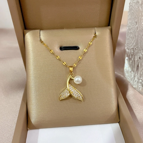 Mermaid Tail Pendant Necklace With Titanium Steel Chain Copper Zircon And Artificial Pearl Elegant Clavicle Jewelry For Women