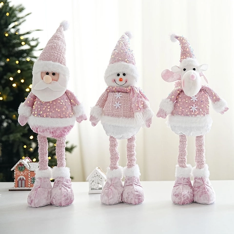 Pinke Pailletten Weihnachtsdeko Puppen Weihnachtsmann Schneemann Rentier Teleskopbeine Plüsch Ornamente Home Desktop Dekor