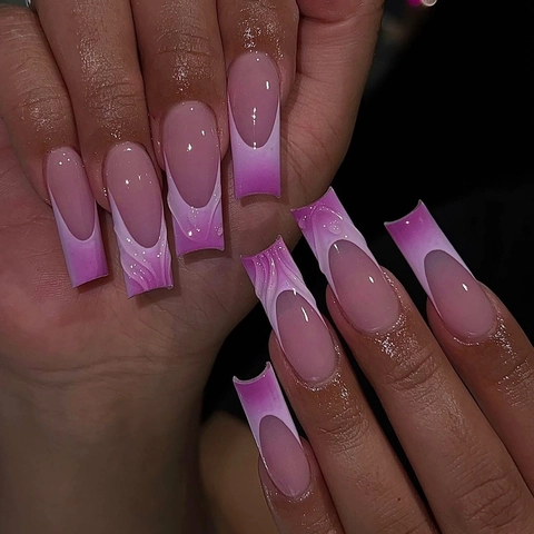 French Ombre Press On Nails Pink Purple Gradient Long Square False Nails 3D Water Ripple Acrylic Nails Decoration For Women