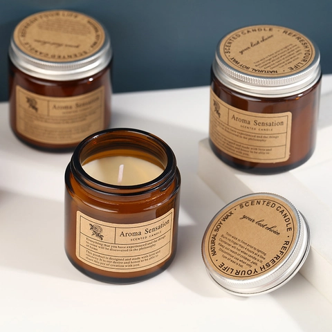 Scented Candle Natural Soy Wax Aromatherapy Smokeless In Amber Glass Jar With Metal Lid For Home Stress Relief Retro