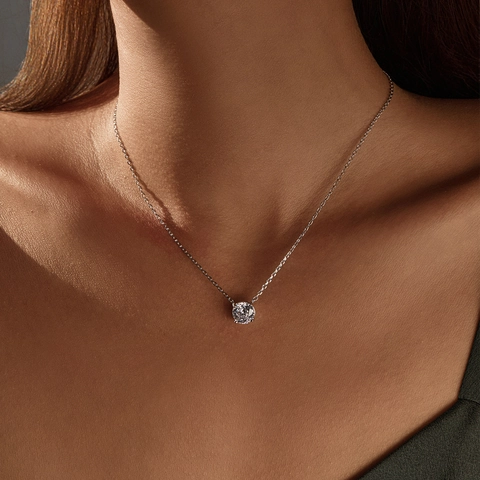 Solitaire Pendant Necklace 925 Sterling Silver Round Clear Cubic Zirconia Minimalist Elegant Jewelry Gift For Women