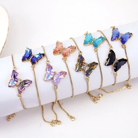 Butterfly Pendant Bracelet Copper 18K Gold Plated Zircon Crystal Adjustable Box Chain Elegant Jewelry For Women