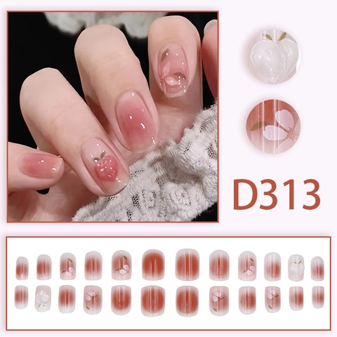 Short Square Press On Nails Pink Gradient Blush Style Peach Heart Flower Design Glossy Jelly Texture Sweet Elegant