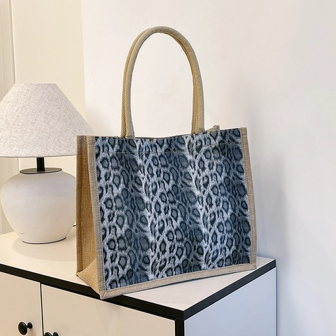 Leopard Print Tote Bag Large Capacity Cotton Linen Fashion Korean Style Zipper Shoulder Handbag For Women Daily Travel