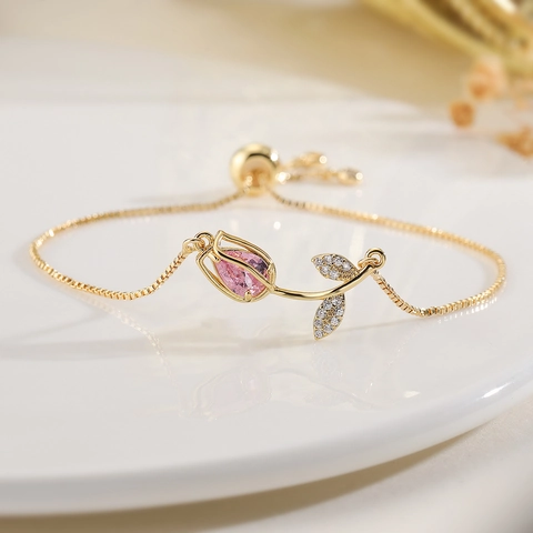 Fashion Copper 18K Gold Plated Tulip Flower Bracelet For Women Exquisite Zirconia Inlaid Adjustable Niche Jewelry Gift