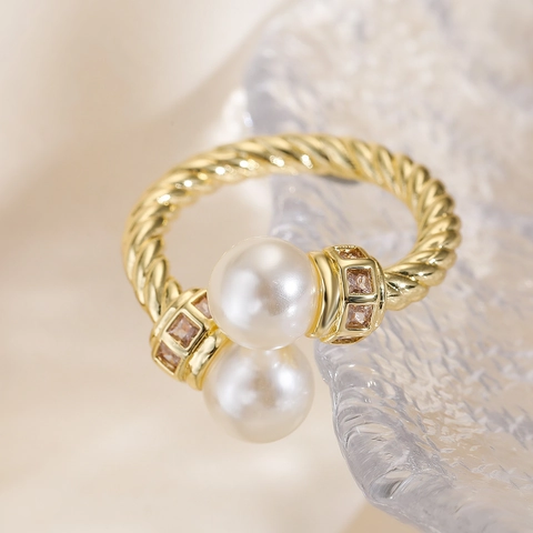 Geometric Twisted Rope Open Adjustable Ring For Women Copper With 18K Gold Plating Faux Artificial Pearl Cubic Zirconia Accents