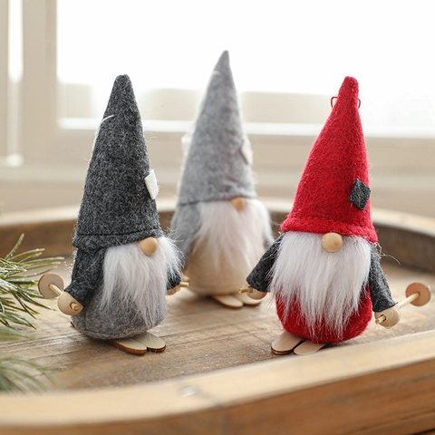 Gnomo Di Natale Sci Tomte Ornamento Feltro Pelliccia Sintetica Legno Nordico Appeso Decorazione Natalizia