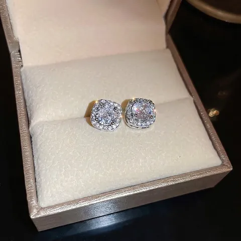 Square Zircon Stud Earrings Alloy Halo Elegant Simple Jewelry With Silver Earring Post For Women