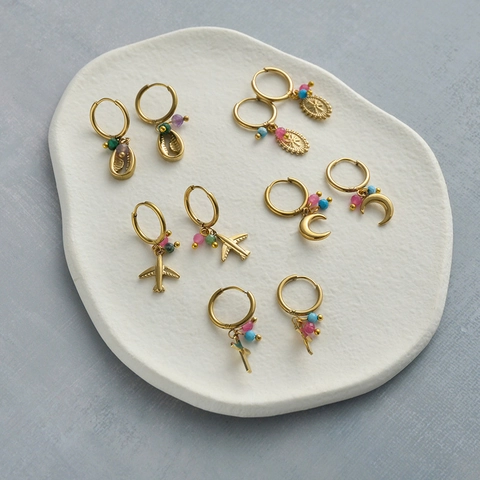 Gold Plated Stainless Steel Hoop Earrings Colorful Beads Cross Moon Plane Shell Pendants Bohemian Fashion Jewelry Women