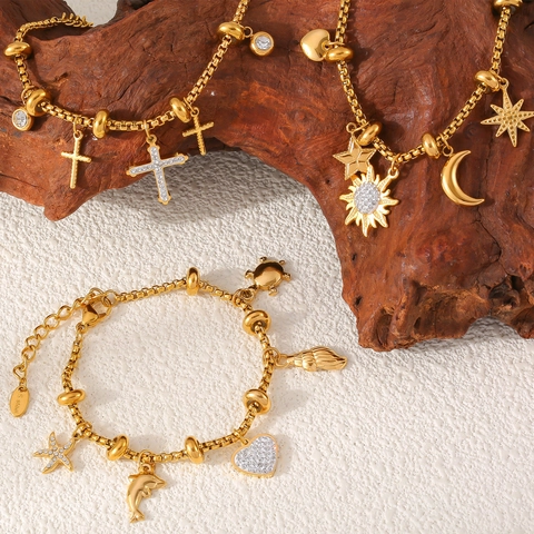 Bracciale Con Charm Acciaio Al Titanio Placcato Oro 18K Strass Croce Celeste Marino Pendenti Gioielli Regolabili Per Donne