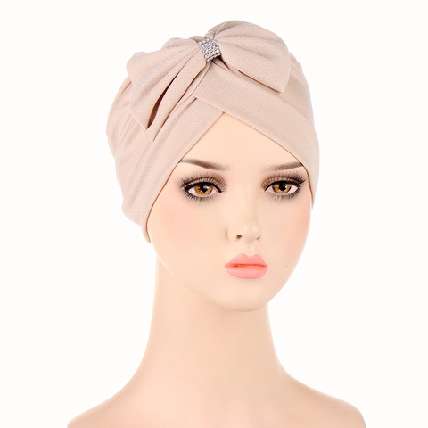 Bonnet Turban Élégant pour Femme Avec Grand Nœud Strass Mode Foulard Musulman Tissu Crêpe Extensible Turban pour Dame
