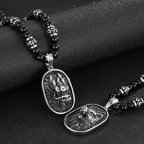 Men's Beaded Necklace With Stainless Steel Dragon Wolf Head Pendant Punk Retro Style Round Bead Chain