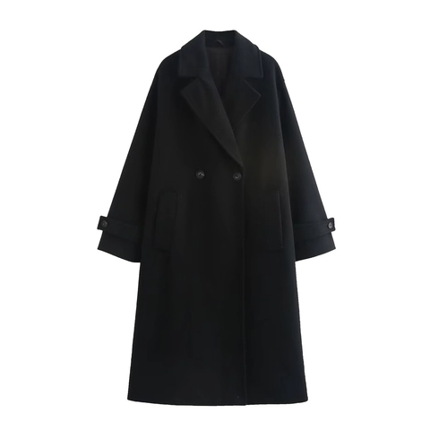 Manteau Long en Laine à Double Boutonnage Élégant pour Femmes Couleur Unie Revers Automne Hiver Décontracté Trench Avec Poches