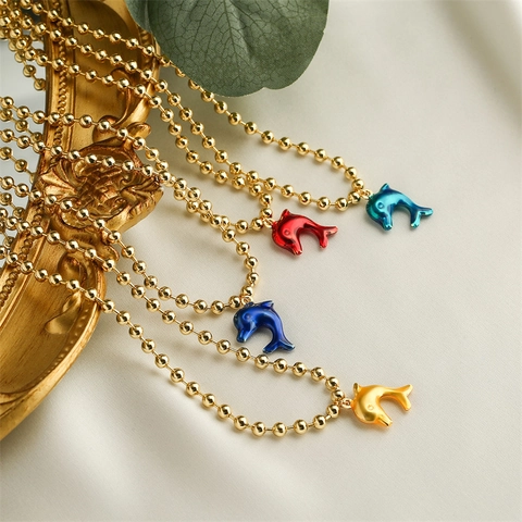 Dolphin Pendant Necklace Copper Real Gold Plated Enamel Animal Charm Bead Chain Ocean Beach Style Jewelry