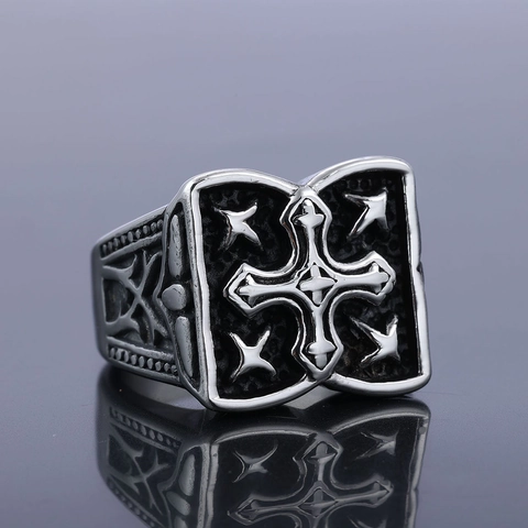 Vintage Cross Star Ring 316 Stainless Steel Gothic Punk Biker Band Jewelry For Men Retro Oxidized Finish
