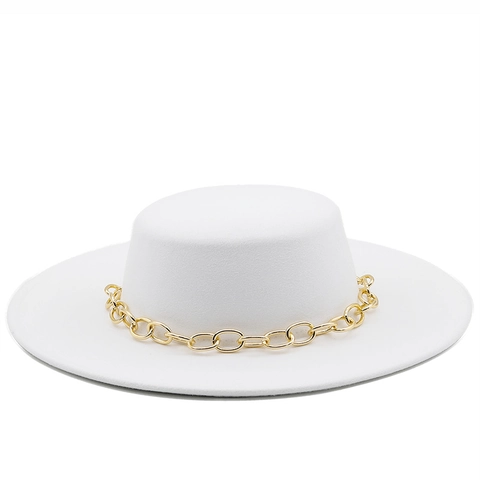 Vintage Flat Top Wide Brim Boater Hat With Gold Metal Chain Polyester Cotton Felt Style For Women Men Elegance Jazz Hat