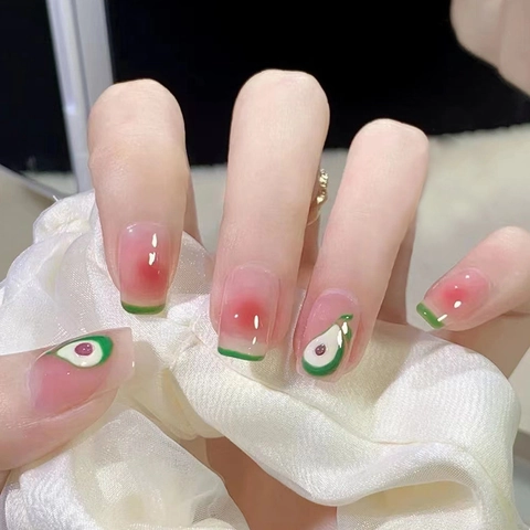 Kurze Quadratische Aufklebbare Nägel Acryl Avocado Muster Blush Pink Verlauf Französisch Grüne Spitze Für Frauen