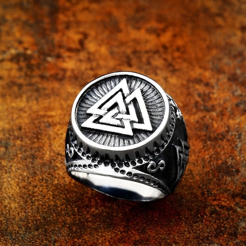 Viking Compass Ring 316L Stainless Steel Retro Nordic Valknut Rune Signet Band Nordic Punk Style Jewelry For Men