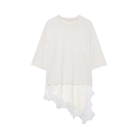 Women Short Sleeve T-Shirt Round Neck Spliced Lace Hem Asymmetric Irregular Casual Loose Top Elegant Summer Chic