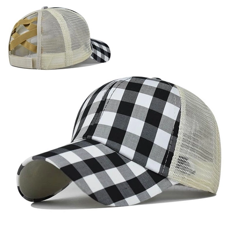 Messy Bun Ponytail Baseball Cap Criss Cross Elastic Mesh Back Breathable Grid Pattern Adjustable Casual Sun Hat