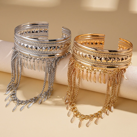 Bracciale Da Braccio Boemo Largo Aperto Ferro Geometrico Goffrato Nappa Di Foglia Catena Polsino Etnico Punk Gioielli Donna
