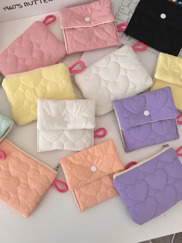 Mini Heart Quilted Storage Bag Portable Sanitary Napkin Pouch Macaron Color Polyester Coin Purse Makeup Organizer For Women