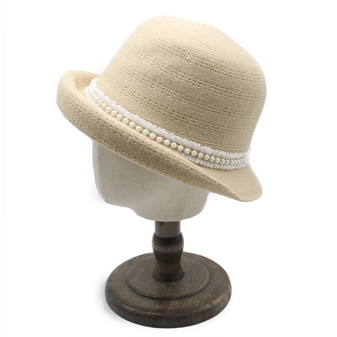 Sombrero Cloche Mujer Elegante Retro De Punto De Pescador Con Perlas Artificiales Y Encaje Cálido Transpirable Color Sólido