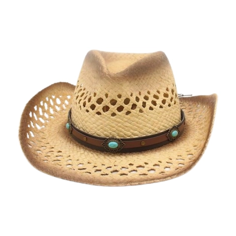 Western Cowboy Straw Hat Hollow Out Breathable Wide Brim Sun Protection Beach Travel Bohemian Turquoise Decor Vintage