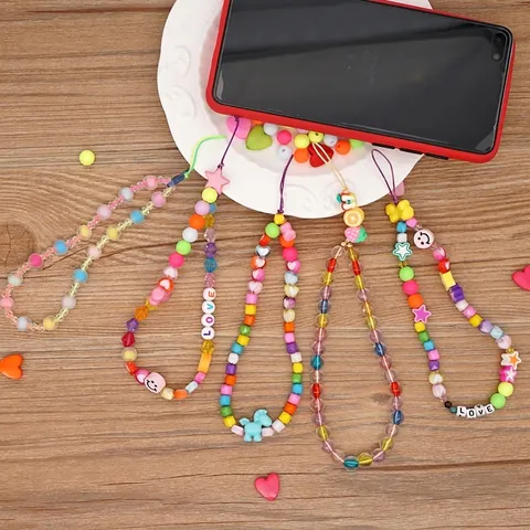 Bunte Künstliche Perlen Handyschlaufe Acryl Weichton Künstliche Perlen Herz Stern Smile Gesicht Böse Augen Frucht Bohemian Anti Verlust Armband