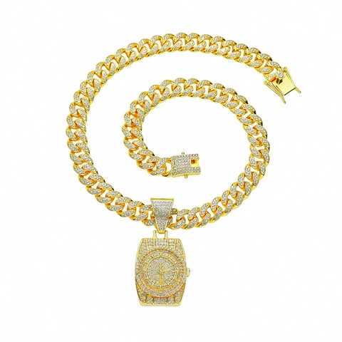 Men Hip Hop Iced Out Watch Pendant Necklace Alloy Rhinestone Cuban Link Chain Personalized Punk Jewelry Streetwear Accessory Gift