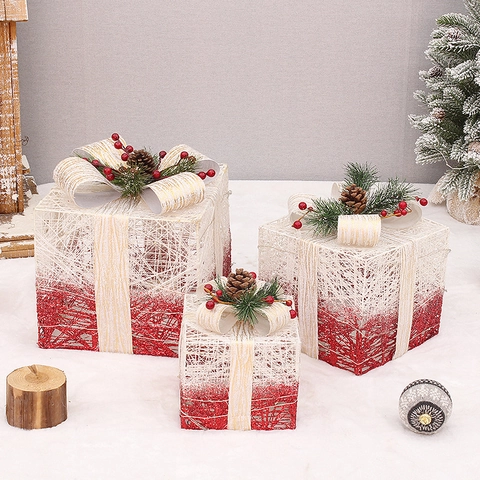 Set di Scatole Regalo di Natale in Filo di Ferro e Maglia di Poliestere Decorazioni con Pigne e Bacche per Casa e Feste