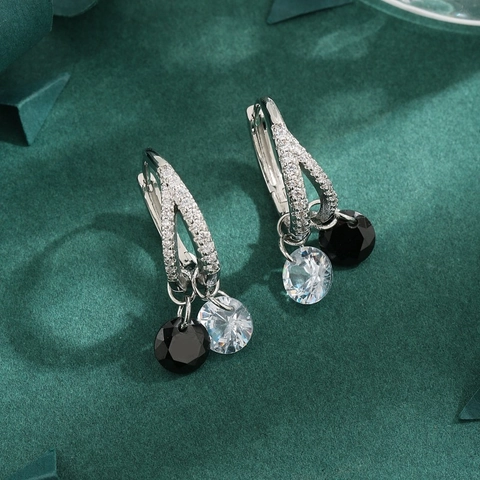 Fashion Copper Rhinestone Double Hoop Earrings Black Clear Pendant Silver Tone Geometric Dangle Earrings For Women Jewelry