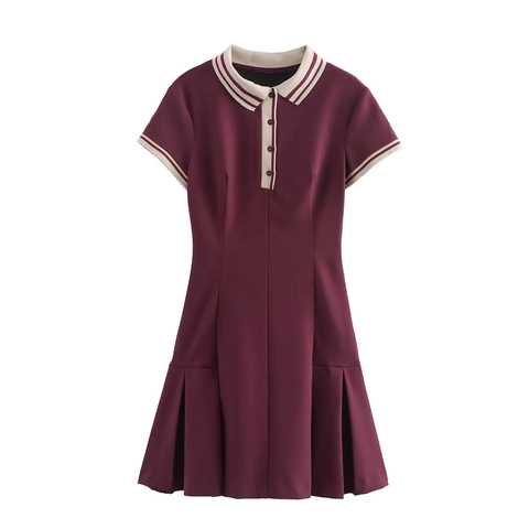 Women Short Sleeve Polo Collar Pleated Mini Dress Preppy Style Burgundy Polyester Solid Color Casual Wear