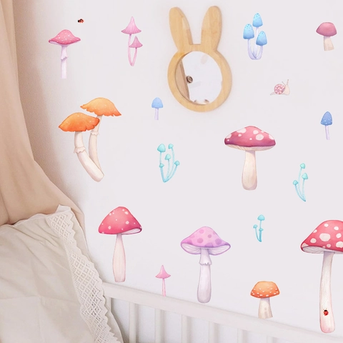 Aquarel Paddenstoel Muurstickers Voor Kinderkamer Slaapkamer PVC Zelfklevende Muurstickers Slak Lieveheersbeestje Home Decor