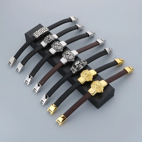 Pulsera De Cuero Trenzado Para Hombre Con Cabeza De León Y Calavera De Acero Inoxidable 316L Punk Joyería Retro