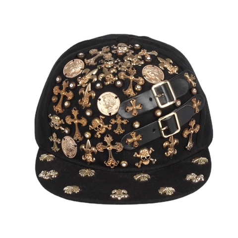 Cappello Da Baseball Punk Gotico Cotone Nero Con Croce In Metallo Dorato Teschio Rivetti Fibbie In Pelle PU Hip Hop Snapback
