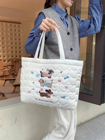 Gesteppte Tragetasche Polyester Cartoon Katze Hund Stickerei Herzmuster Koreanischer Ins Stil Handtasche Für Damen