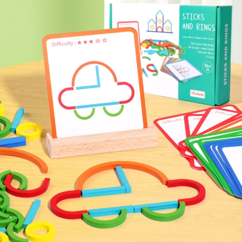 Sticks And Rings Puzzle Toy Wooden Montessori Educational Logic Game Kids Creative Shape Color Learning Kindergarten
