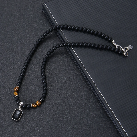 Collana Perline Retro Occhio Di Tigre Naturale Pietra Opaca Acciaio Inossidabile Pendente Rettangolo Gioielli Hip Hop