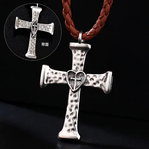 Collar Con Colgante De Cruz Vintage Aleación De Zinc Corazón Textura Martillada Cuerda De Cuero Trenzado Joyería