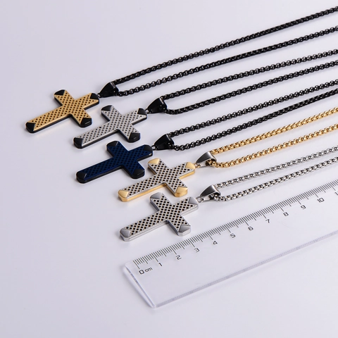 Stainless Steel Cross Pendant Necklace For Men Women Fashion Grid Texture Religious Jewelry Gold Silver Black Blue Necklace