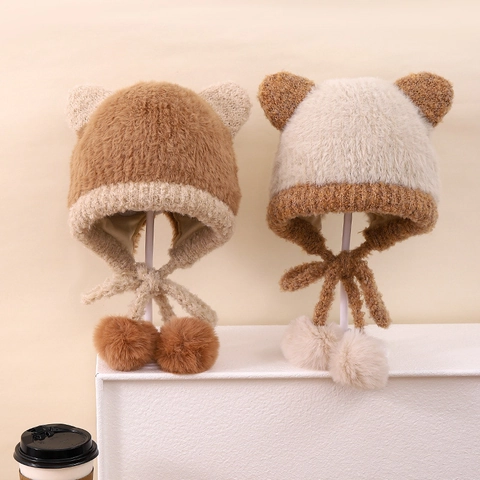 Cappello Invernale Caldo Per Bambini Con Paraorecchi Peluche Pelliccia Sintetica Orecchie Di Orso Colorblock Antivento Pompon Morbido