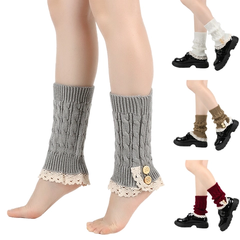 Women Knit Leg Warmers Boot Cuffs With Lace Trim And Wooden Buttons Japanese Style Solid Color Crochet Winter Socks