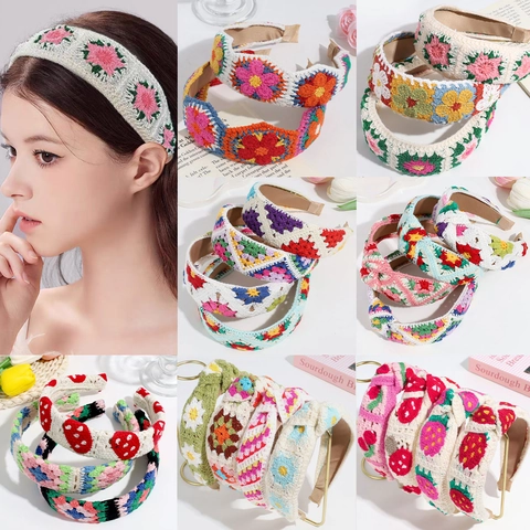 Handmade Crochet Knitted Headband Floral Strawberry Pattern Pastoral Style Vintage Hair Accessories For Women